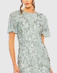 Blue Flutter Sleeve Sequin High Neck Gown
