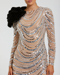 Silver Long Sleeve Embellished Mini Dress with Velvet Flower