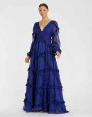 Blue Ruffle A-line Gown with Sheer Long Sleeves