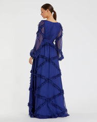 Blue Ruffle A-line Gown with Sheer Long Sleeves