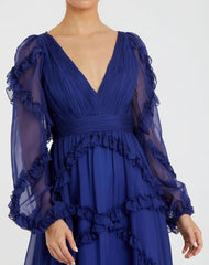 Blue Ruffle A-line Gown with Sheer Long Sleeves