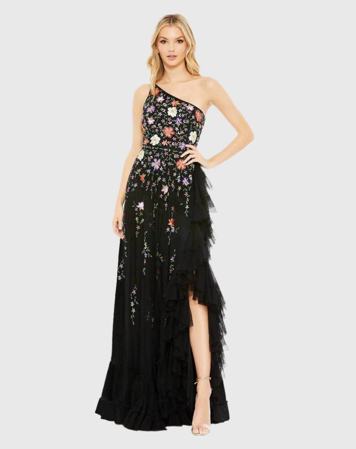 Black Multicolor Embellished One Shoulder Asymmetrical Hem Dress