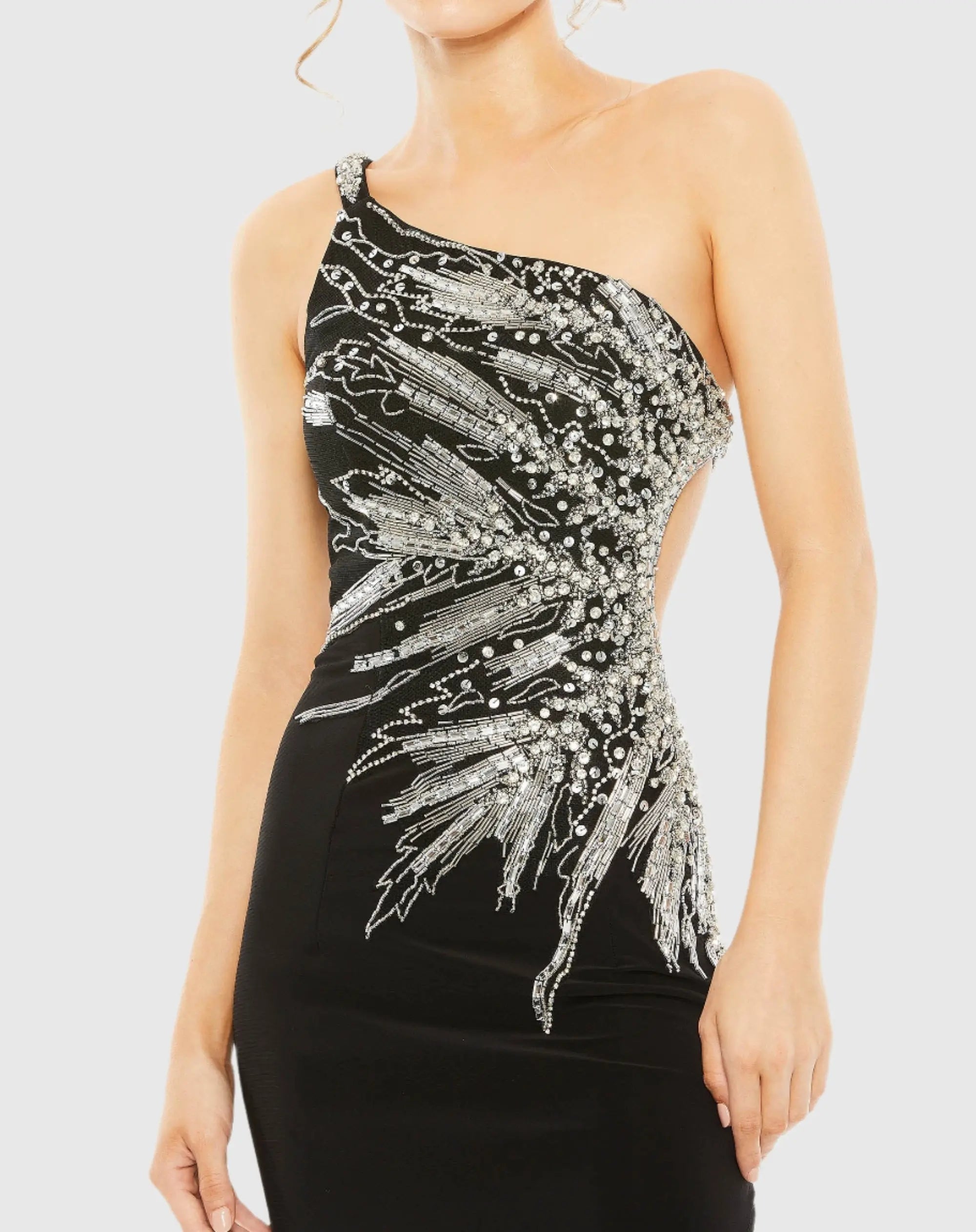 Black One Shoulder Cut Out Embellished Gown