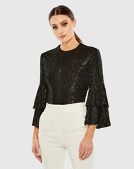 Black Ruffle 3/4 Sleeve Sequin Bodysuit - FINAL SALE