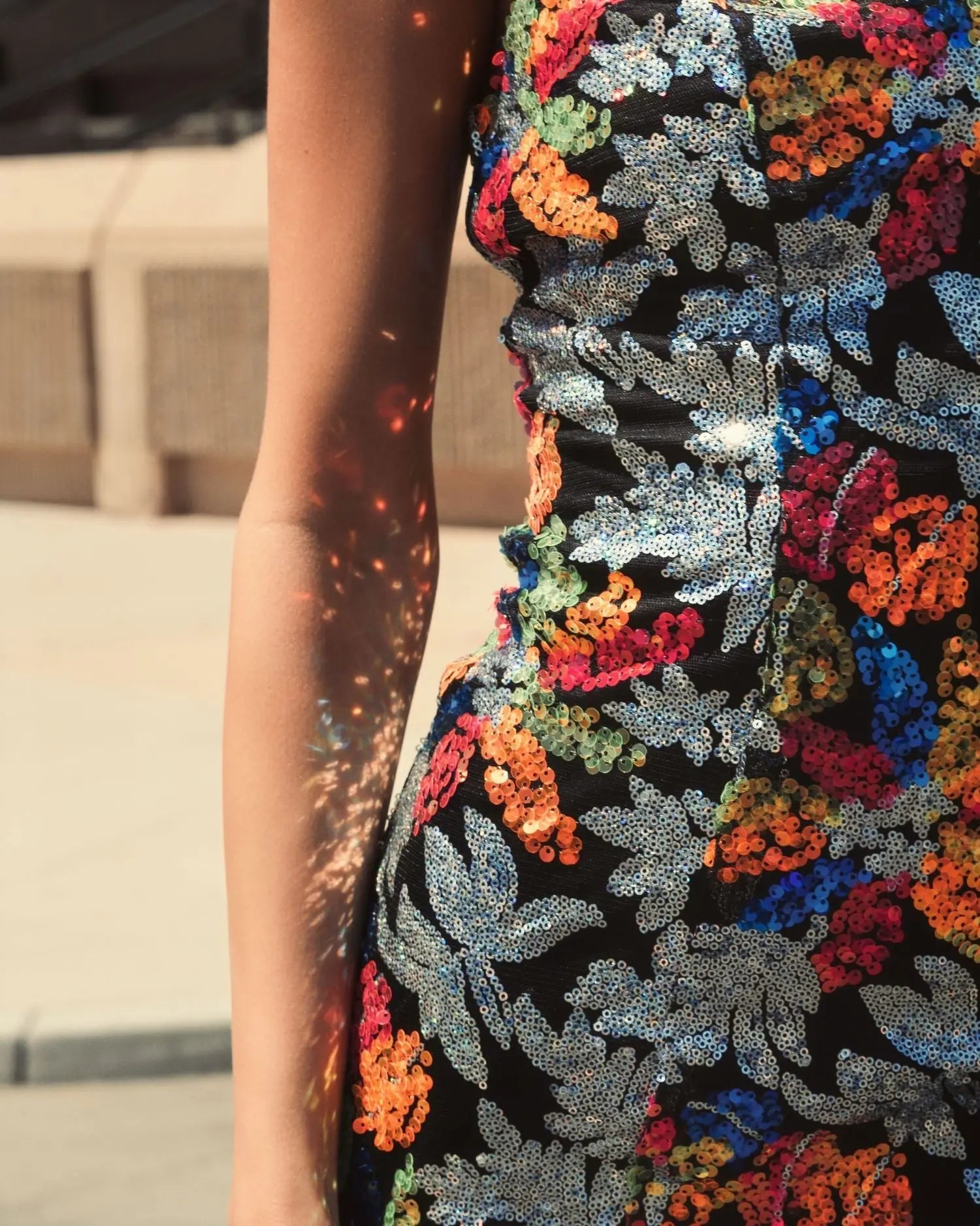 Black Sequined Floral Detail Mini Dress