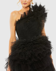 Black Tulle Ruffle One Shoulder Mini Dress