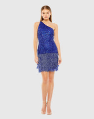 Blue One Shoulder Fringe Beaded Mini Dress