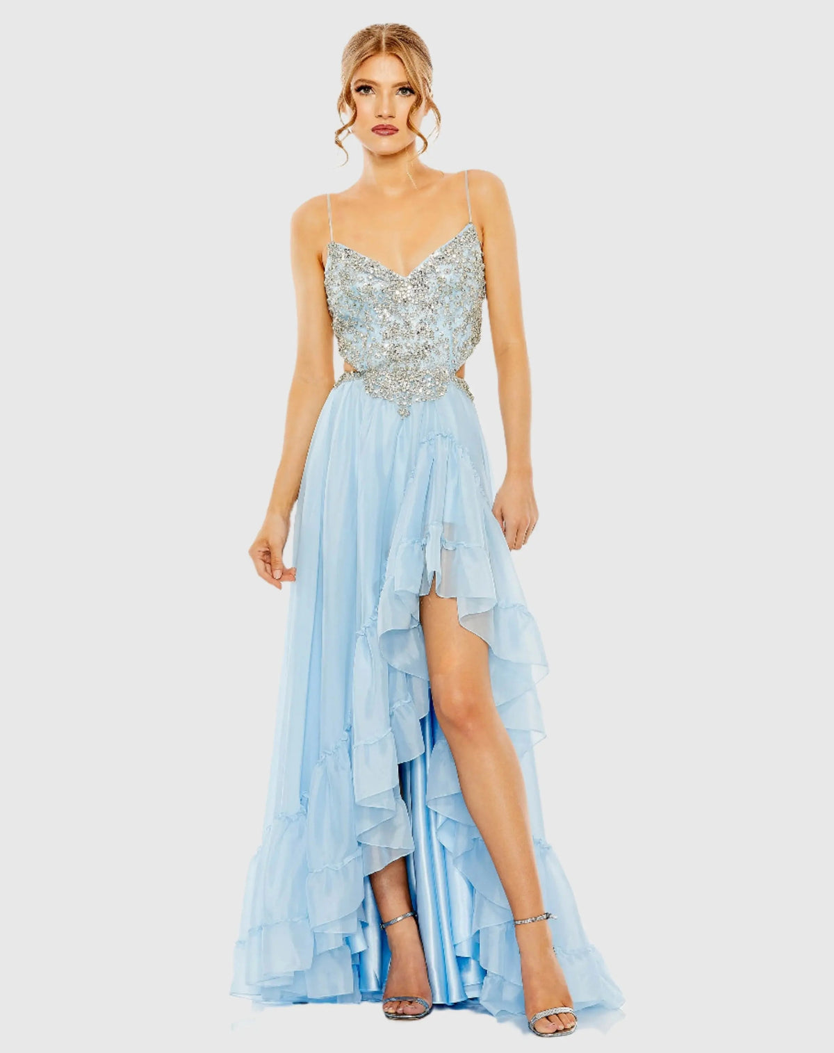 Blue Embellished Cut Out Open Back High Low Gown