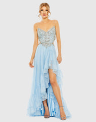 Blue Embellished Cut Out Open Back High Low Gown