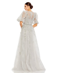 Gray Embellished Puff Sleeve A Line Gown