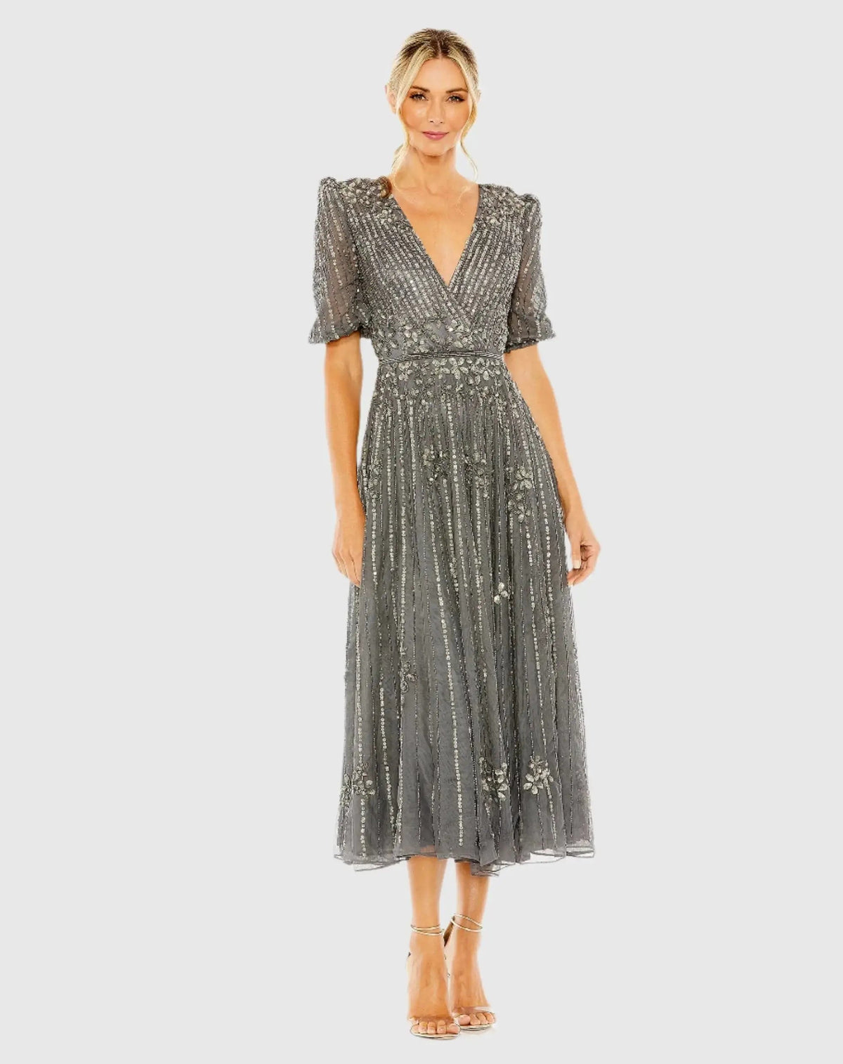Gray Puff Quarter Length Sleeve V-Neck Dress