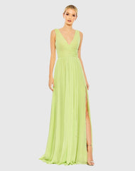 Green Chiffon Sleeveless Wrap Over A Line Gown