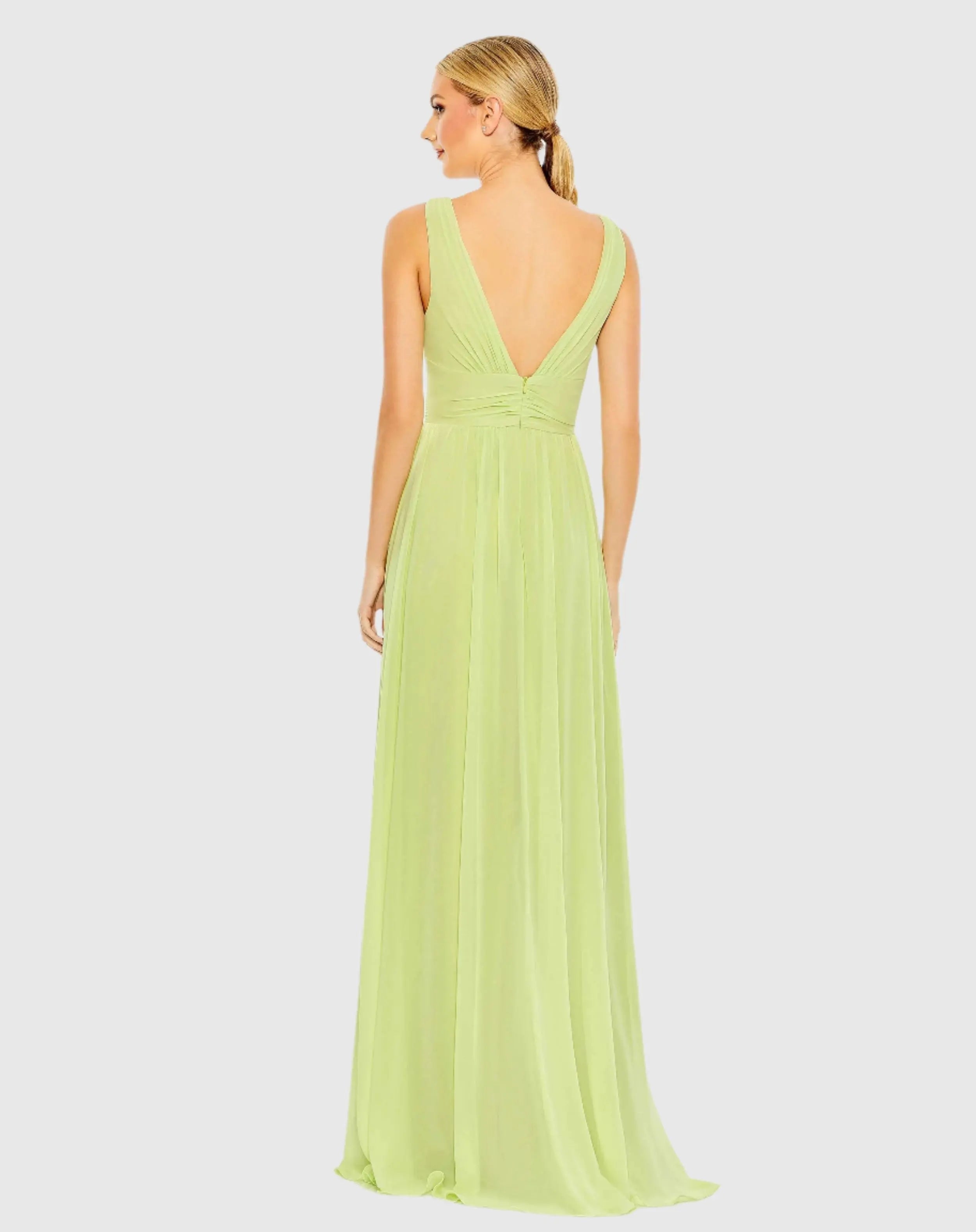 Green Chiffon Sleeveless Wrap Over A Line Gown