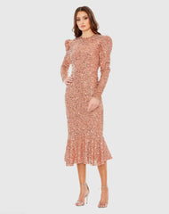 Orange Sequined Long Sleeve High Neck Trumpet Dress