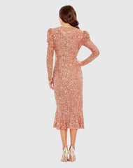 Orange Sequined Long Sleeve High Neck Trumpet Dress