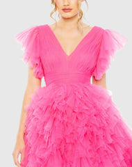 Pink Flutter Ruffle Sleeve Tiered Dress