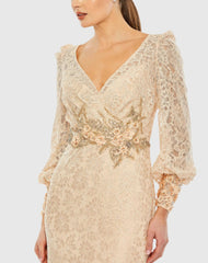 Pink Lace Long Sleeve V Neck Embellished Gown