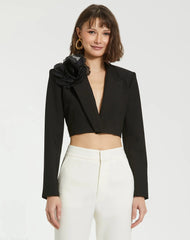 Black Notch Collar Crepe Cropped Tailored Blazer Jacket - FINAL SALE
