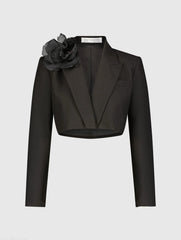 Black Notch Collar Crepe Cropped Tailored Blazer Jacket - FINAL SALE