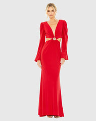 Jersey Puff Sleeve Cut Out Column Gown