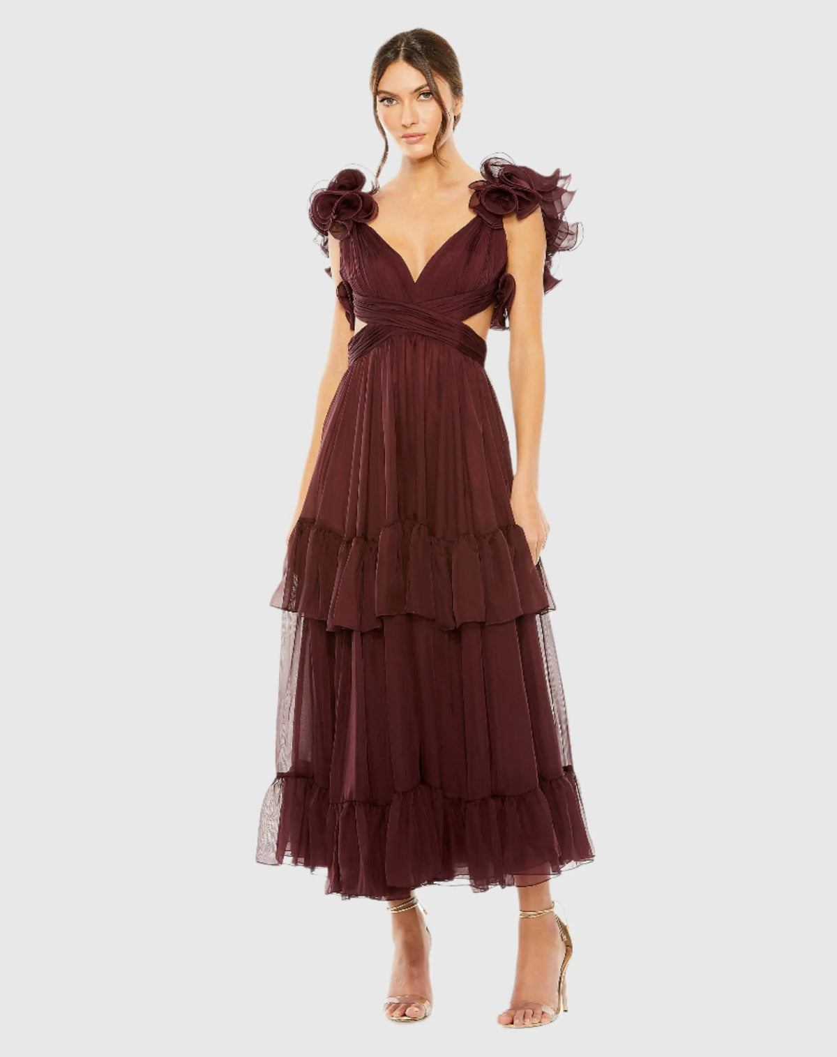 Dark Red Ruffle Tiered Cut-Out Chiffon Dress