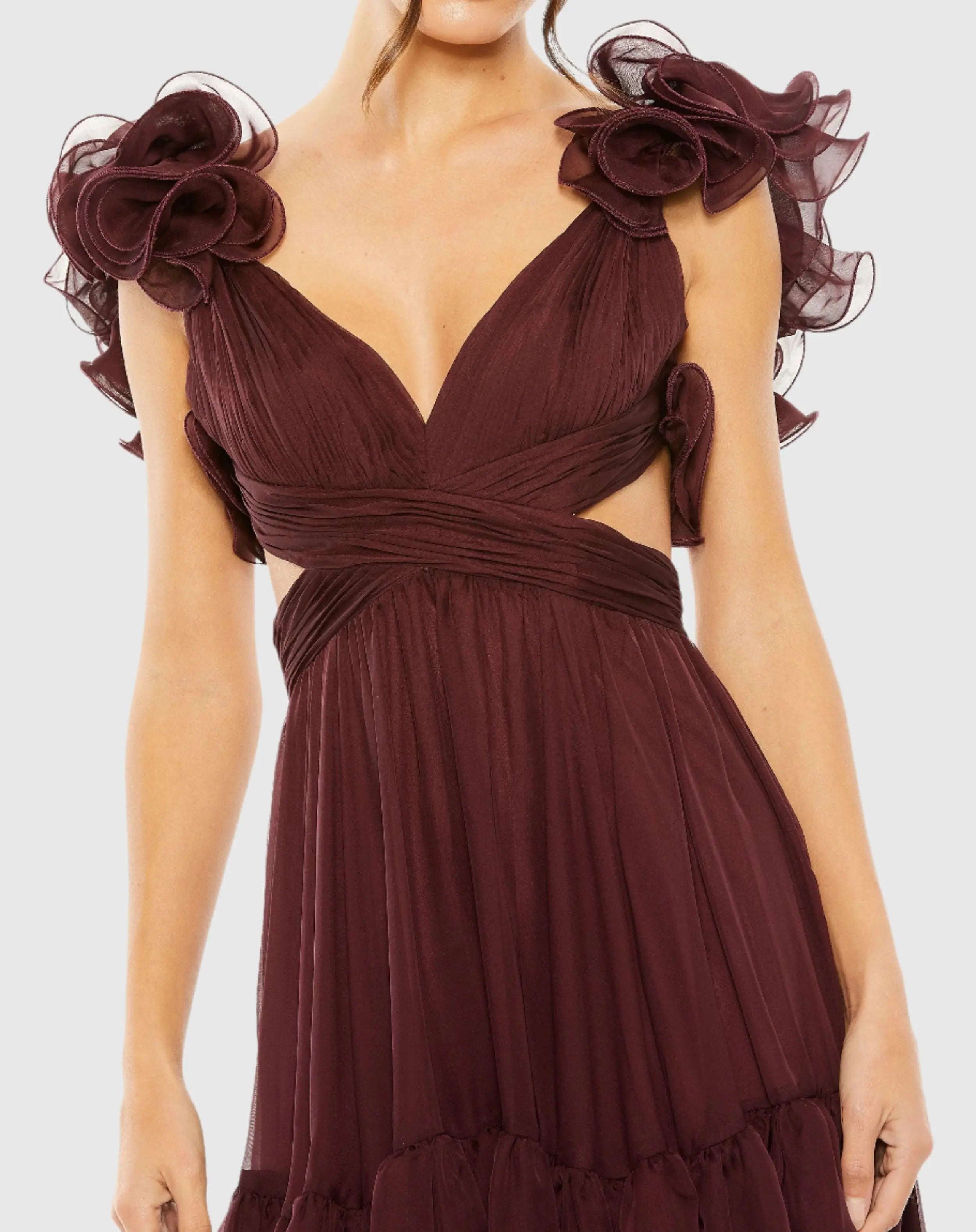 Dark Red Ruffle Tiered Cut-Out Chiffon Dress