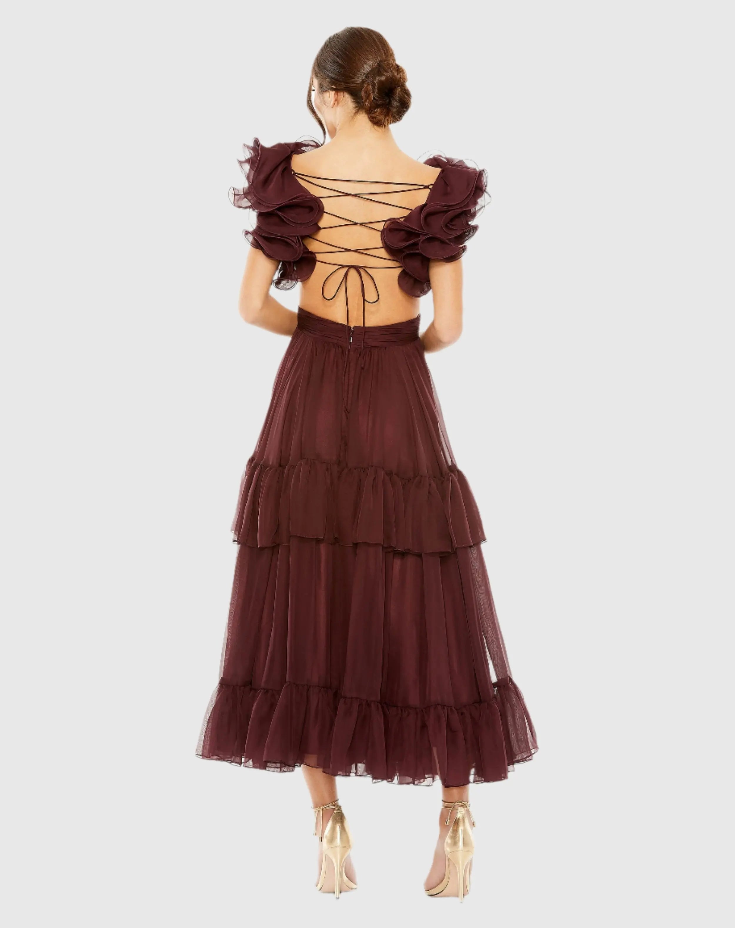 Dark Red Ruffle Tiered Cut-Out Chiffon Dress