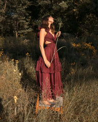 Dark Red Ruffle Tiered Cut-Out Chiffon Dress