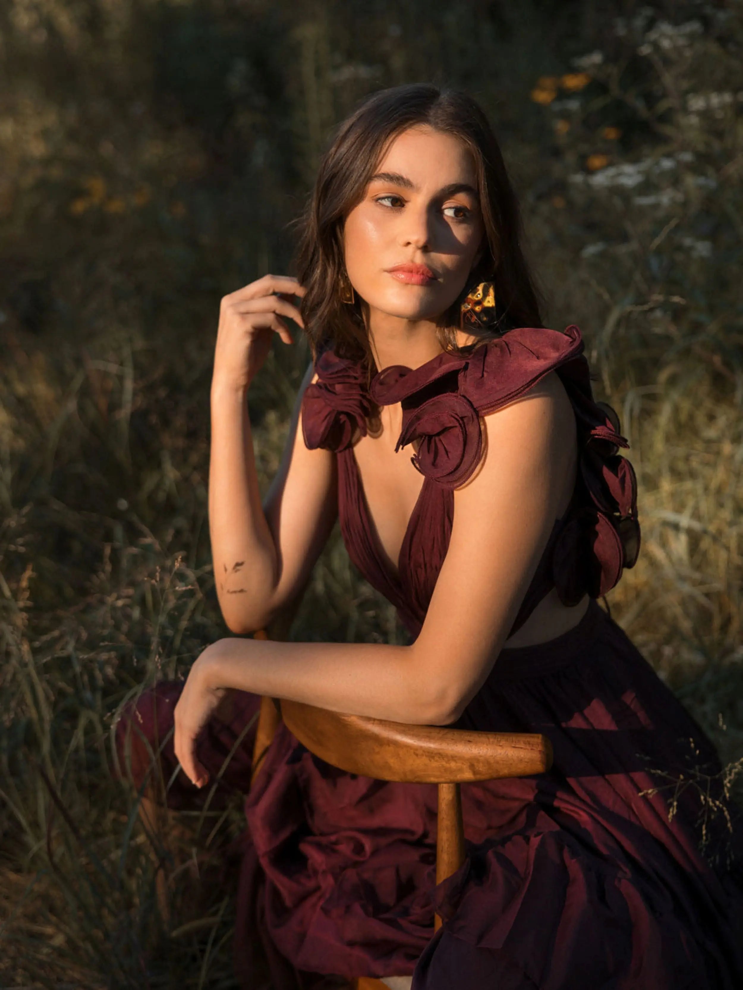 Dark Red Ruffle Tiered Cut-Out Chiffon Dress