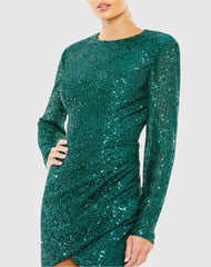 Green Sequined Long Sleeve Open Back Ruched Dress - FINAL SALE