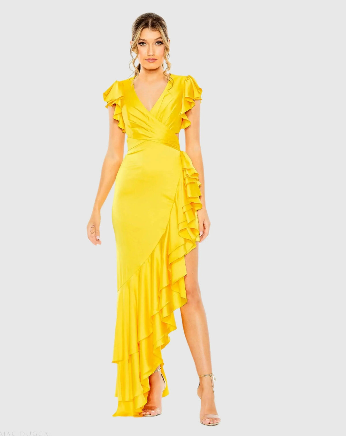 Yellow Flutter Sleeve Cut Out Asymmetrical Ruffled Gown