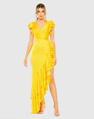 Yellow Flutter Sleeve Cut Out Asymmetrical Ruffled Gown