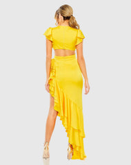 Yellow Flutter Sleeve Cut Out Asymmetrical Ruffled Gown